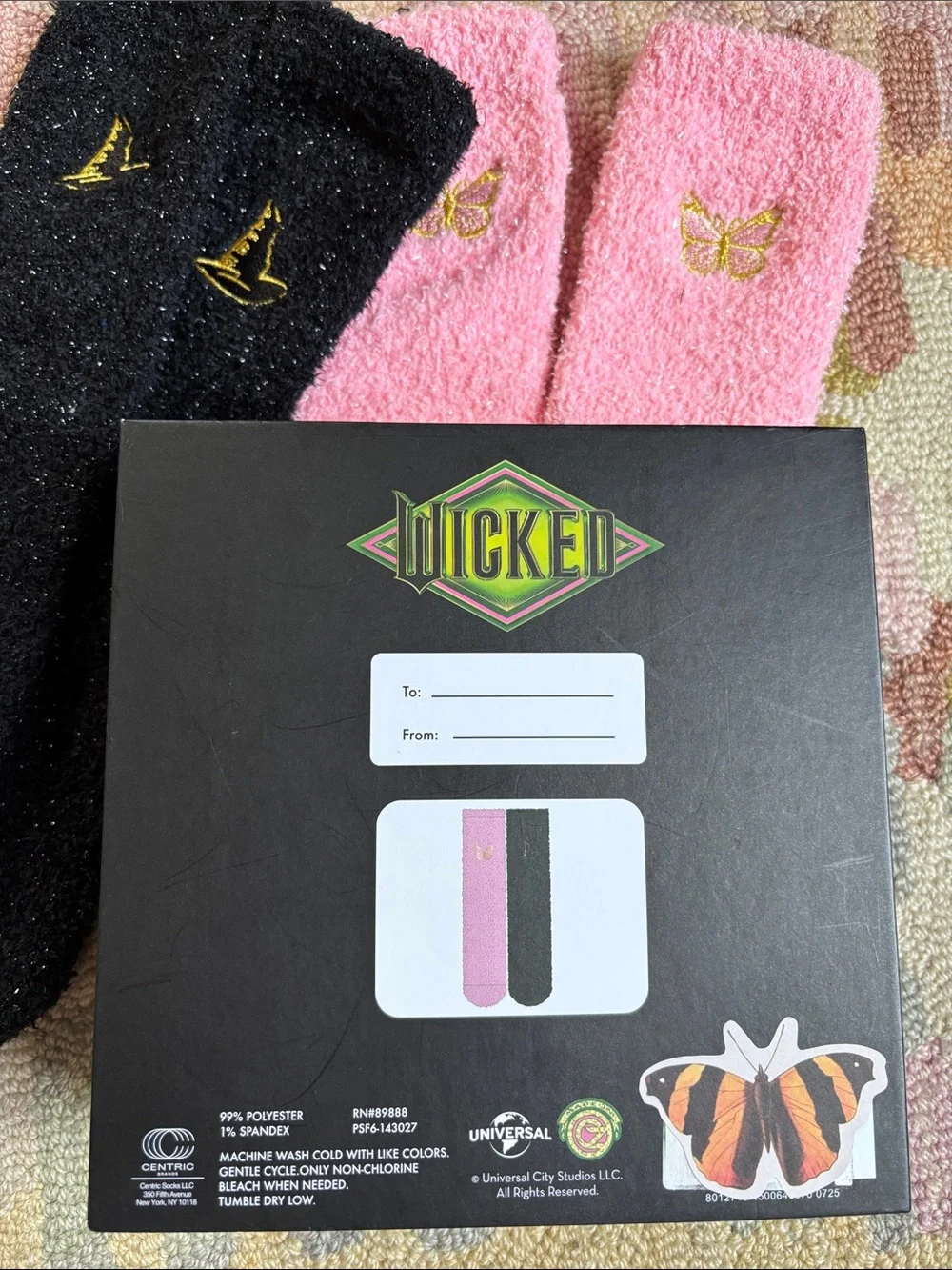 Wicked Cozy Socks (2 prs) Fun Reusable iridescent glitter box Black + Pink NWT